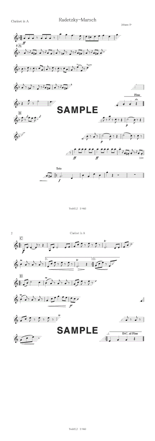 楽譜】ラデツキーマーチ（Clarinet in A） / ヨハン・シュトラウス2世
