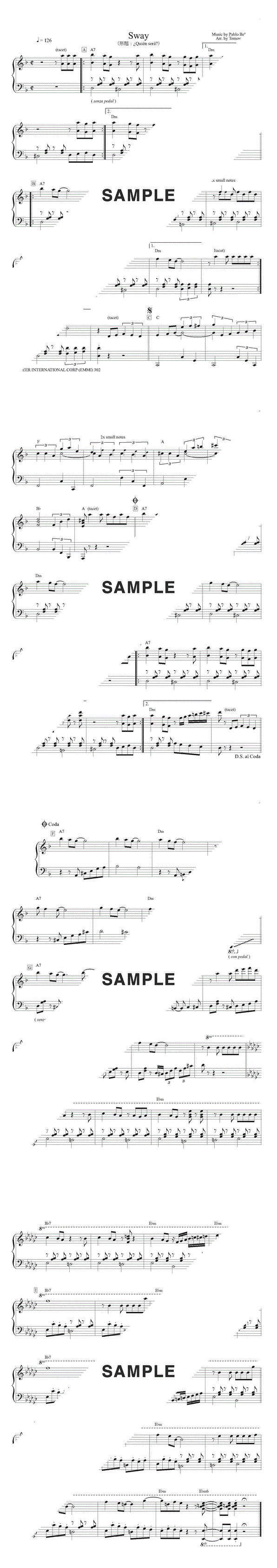 楽譜】Sway / Michael Buble（マイケル・ブーブレ）（ピアノ・ソロ譜/中級）提供:林知行 | 楽譜＠ELISE